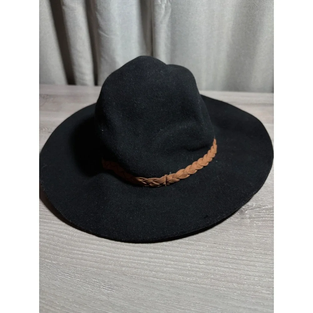 Black 100% Wool Wide Brim Floppy Hat with Brown Braided Band Boho Chic Fedora‎
